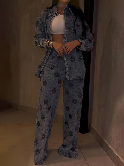 Rhinestone Sparkle Flower Print Denim 2PC Set