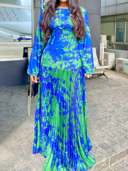 Satin Elegant Printed Pleated Maxi Dress