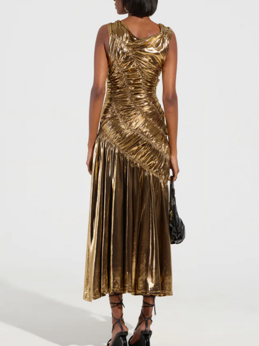 Fashionable All-Match Casual Gold Pleated Dress