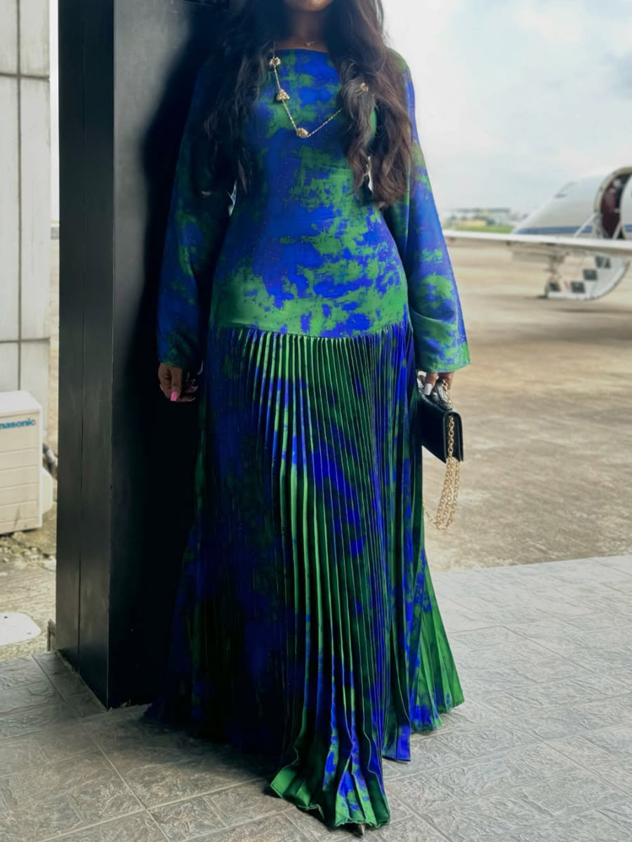 Satin Elegant Printed Pleated Maxi Dress