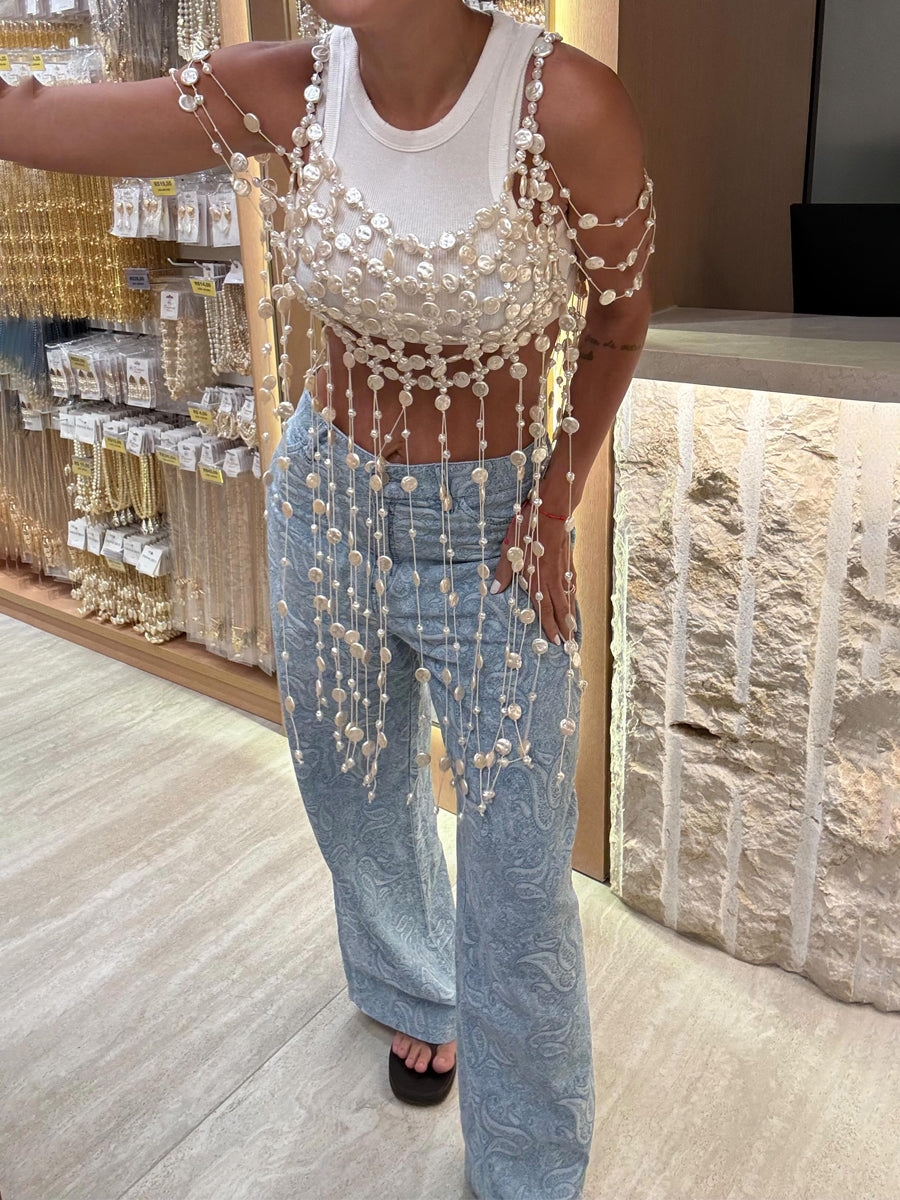 Faux Pearl 3D Fringe Hem Top