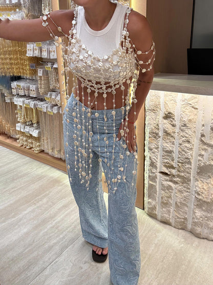 Faux Pearl 3D Fringe Hem Top