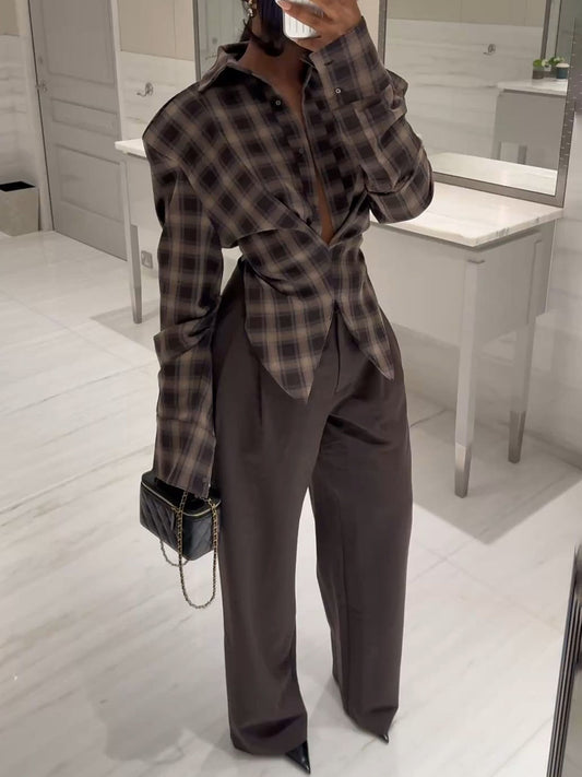 Brown plaid shirt + trousers set