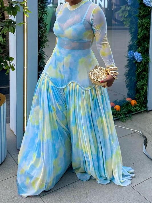 Tie Dye Print Mesh Patchwork Pleated Party Maxi Dresses