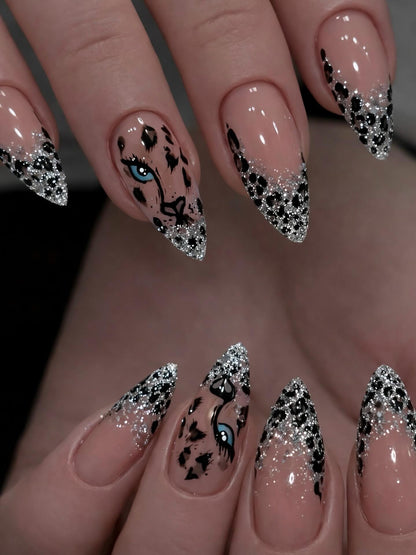 Leopard Hand-Painted Almond Armor Shinny Press-on Nail