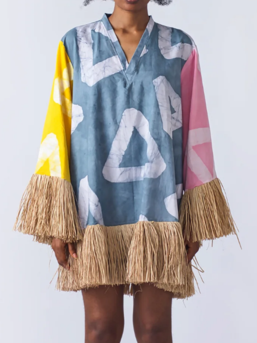 V-Neck Printed Tassel Dress