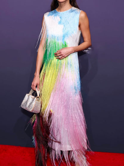 Tassel Multicolor Elegant Sleeveless Maxi Dress