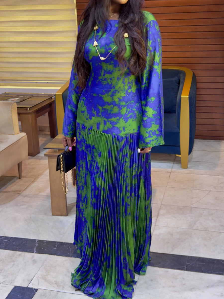 Satin Elegant Printed Pleated Maxi Dress