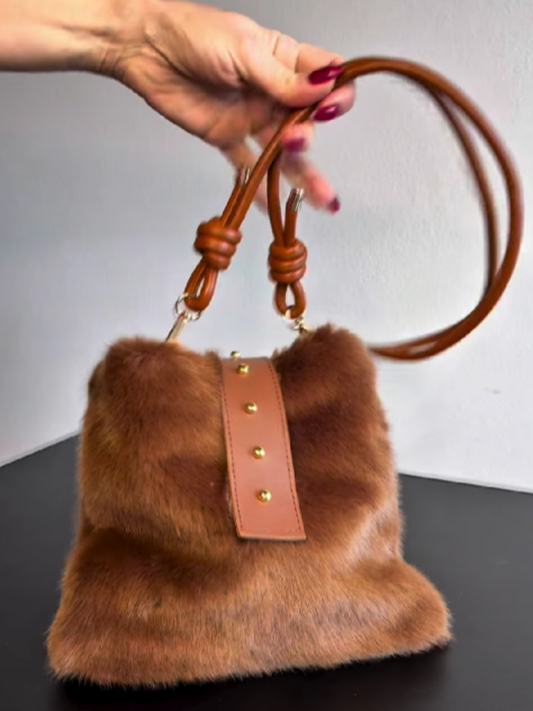 Faux Fur With Gold Studded Crossbody Bag