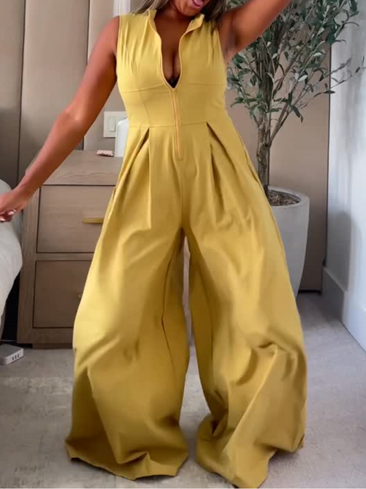 Sleeveless Zip-Up Pants Suit