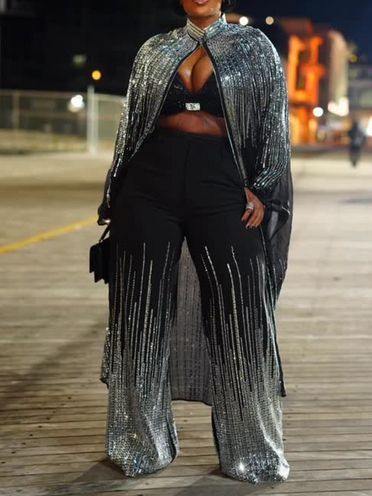 Silver Rhinestone Trim Pants Set