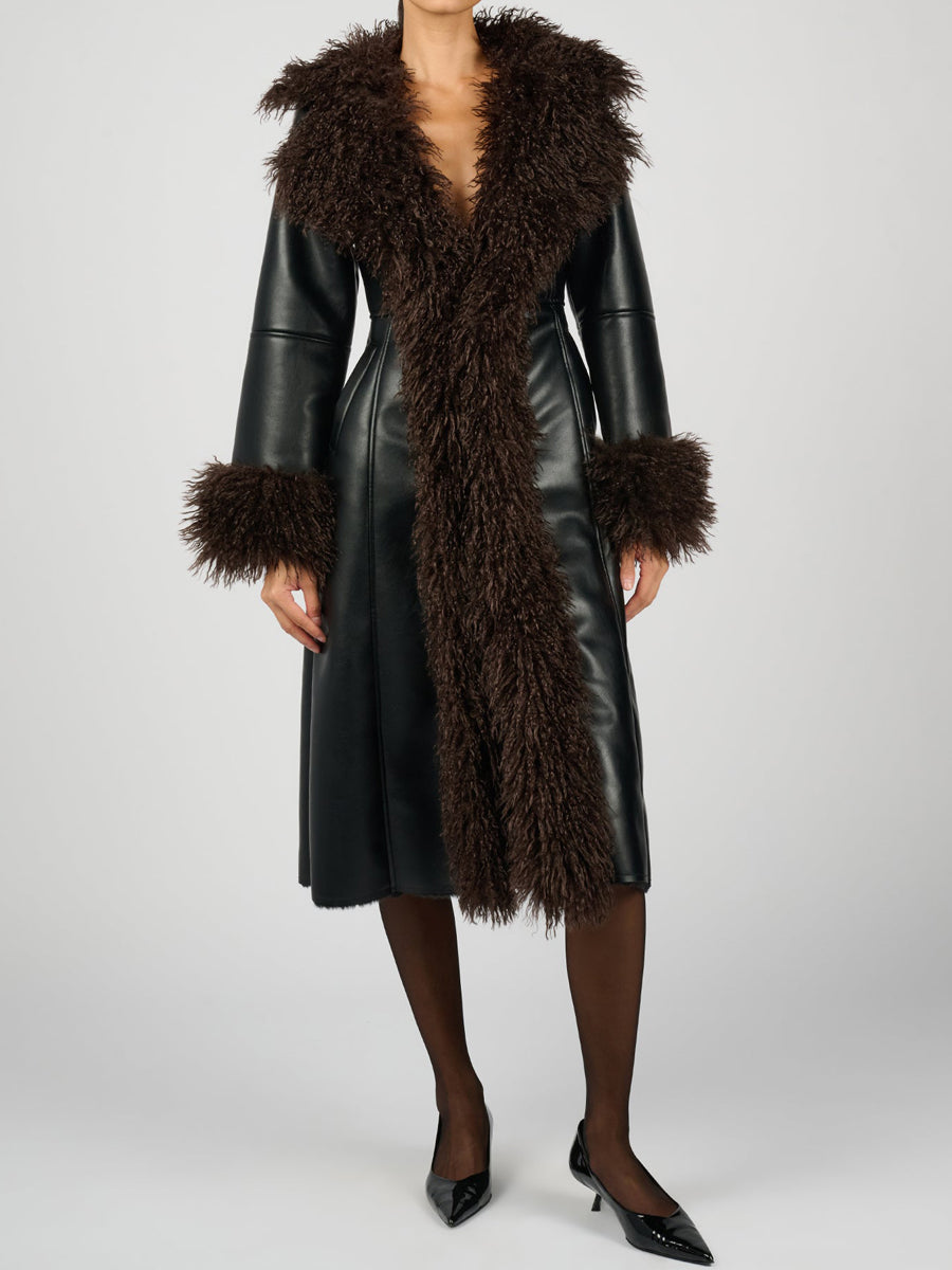 Faux Fur Patchwork PU Long Coat
