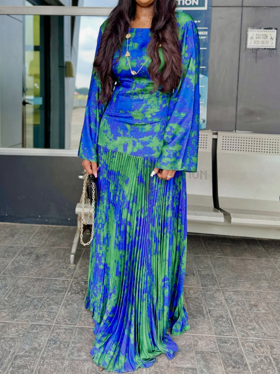 Satin Elegant Printed Pleated Maxi Dress