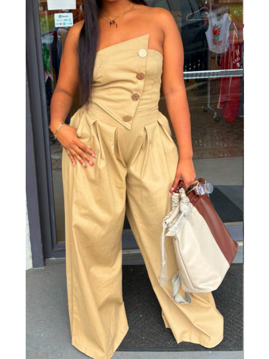 Strapless Metal Button Wide Leg Pants