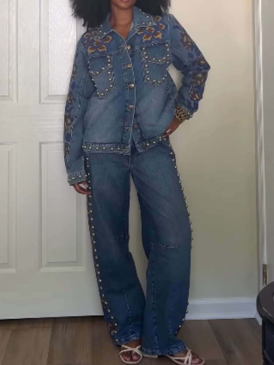 Floral embroidered denim suit