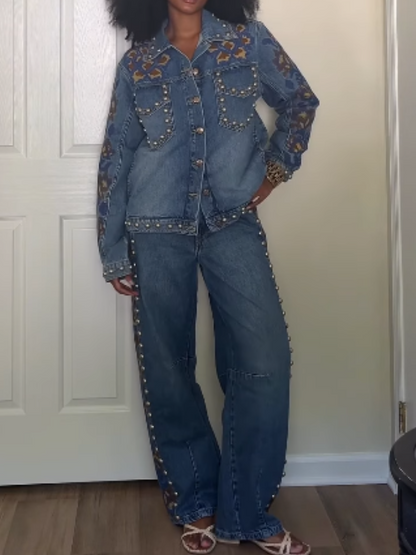 Floral embroidered denim suit