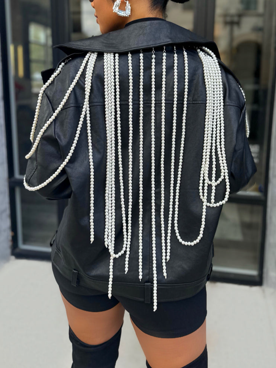 Black Biker Jacket With Cascaded Pearl