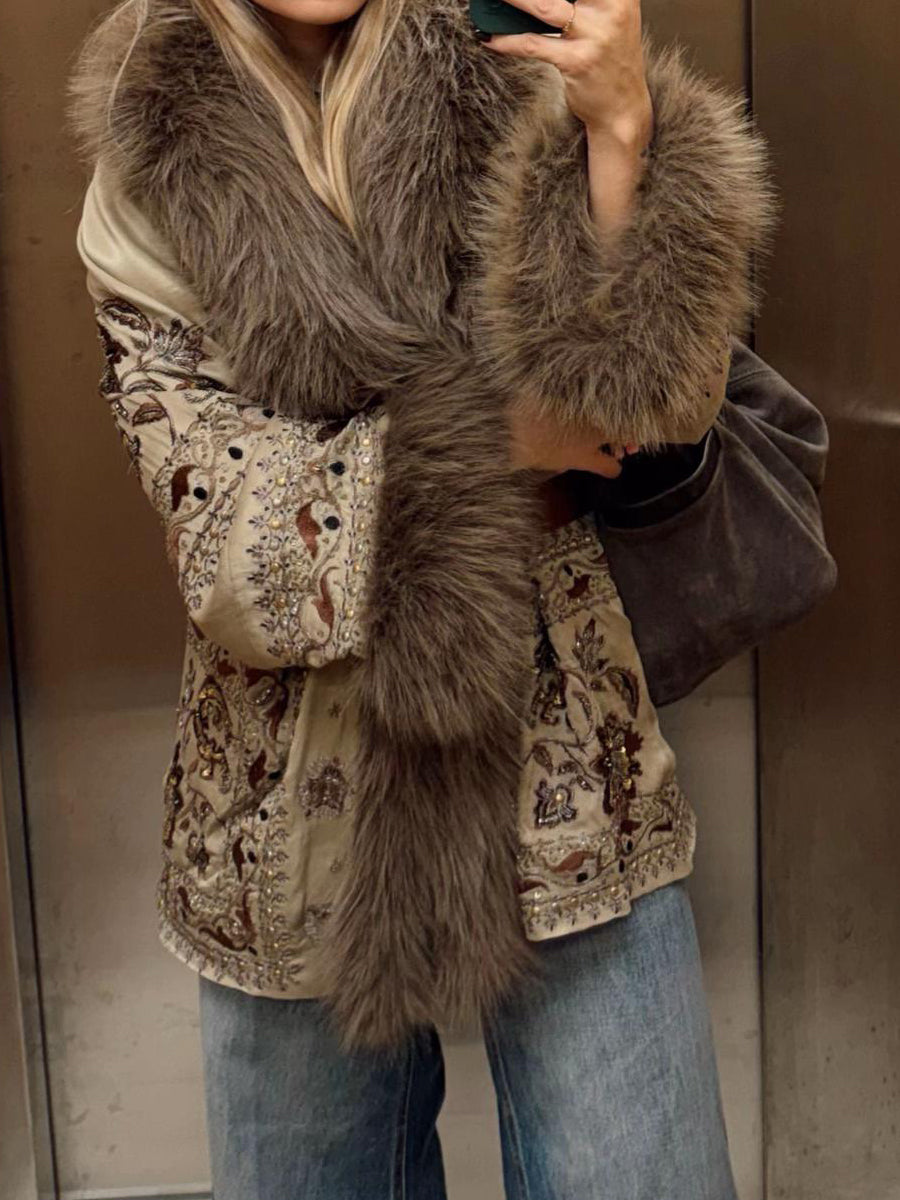 Faux Fur Beaded Embroidery Cardigan