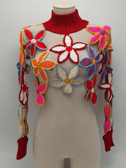 Crochet Knit Cut-Out Floral Patchwork Top