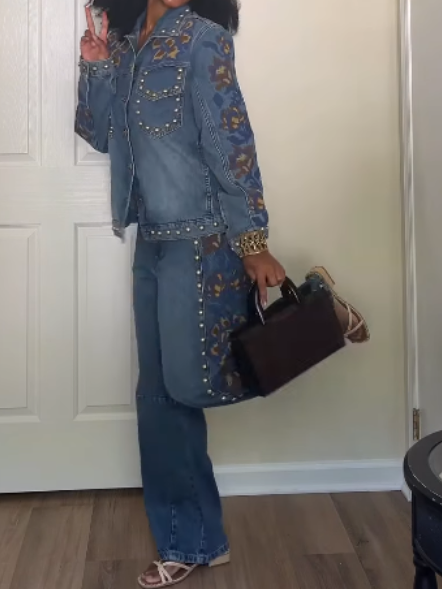 Floral embroidered denim suit