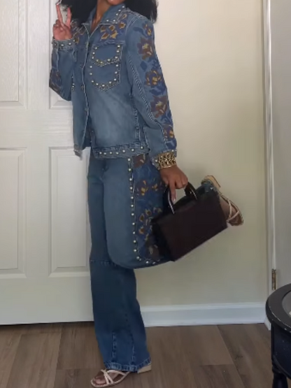 Floral embroidered denim suit