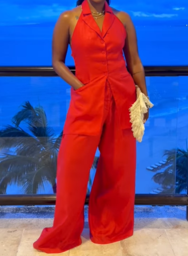 Vest Fake Two-piece Linen Jumpsuit