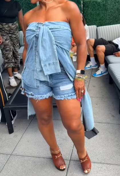 Strap Strapless Denim Blouse