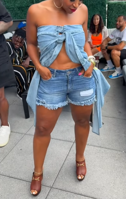 Strap Strapless Denim Blouse