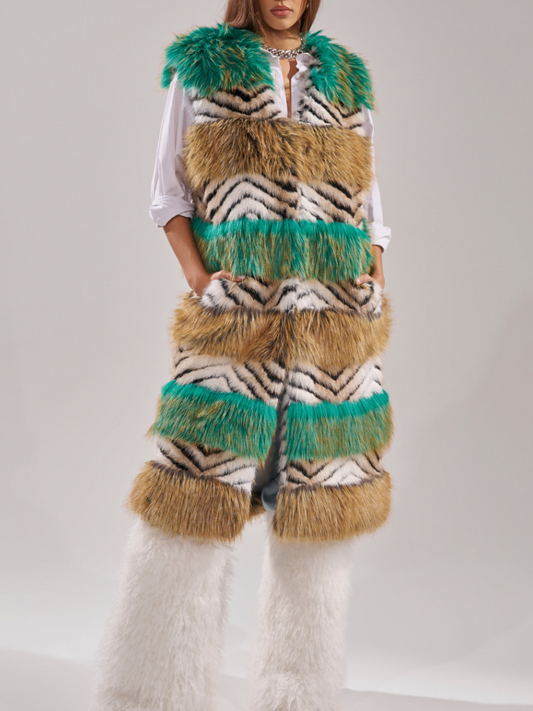 Faux Fur Multicolor Striped Sleeveless Coat