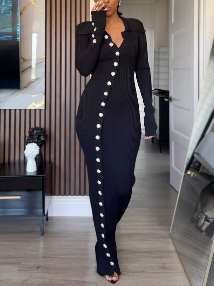 Crystal Button Asymmetrical Rib-Knit Maxi Dress