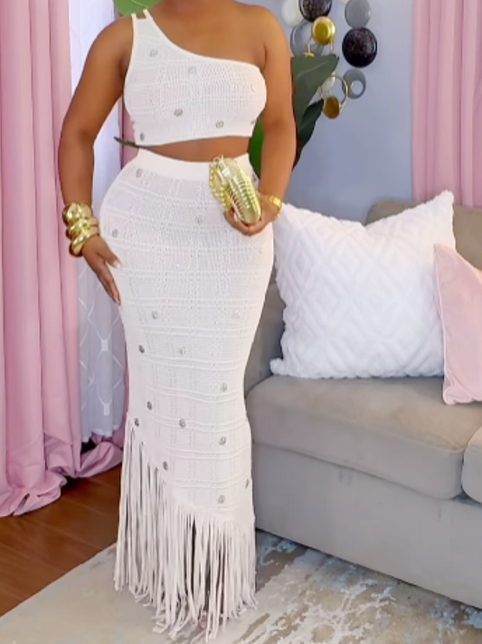 Slant Shoulder Knit Sequin Tassel Suit