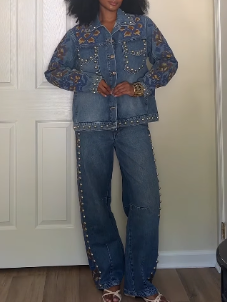 Floral embroidered denim suit
