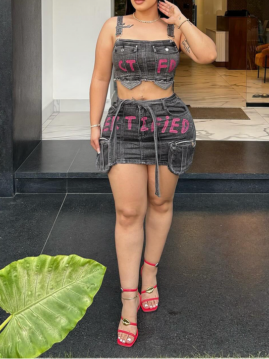 Pink Alphabet Print Denim Suit