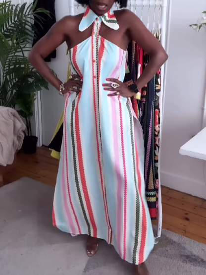 Striped Print Cold Shoulder Dress