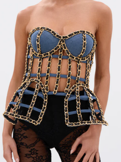 Sexy Metal Chain Strapless Top