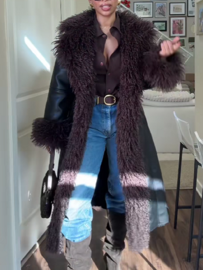 Coat In Vegan Leather With Curly Contrast Fur