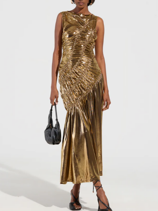 Fashionable All-Match Casual Gold Pleated Dress