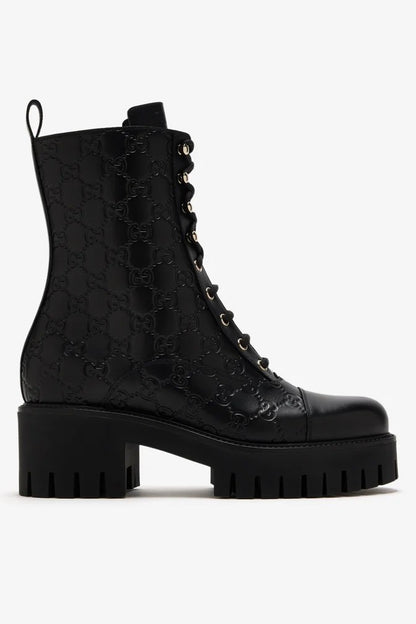 Black Enaraved ltalian Leather Ankle Boots