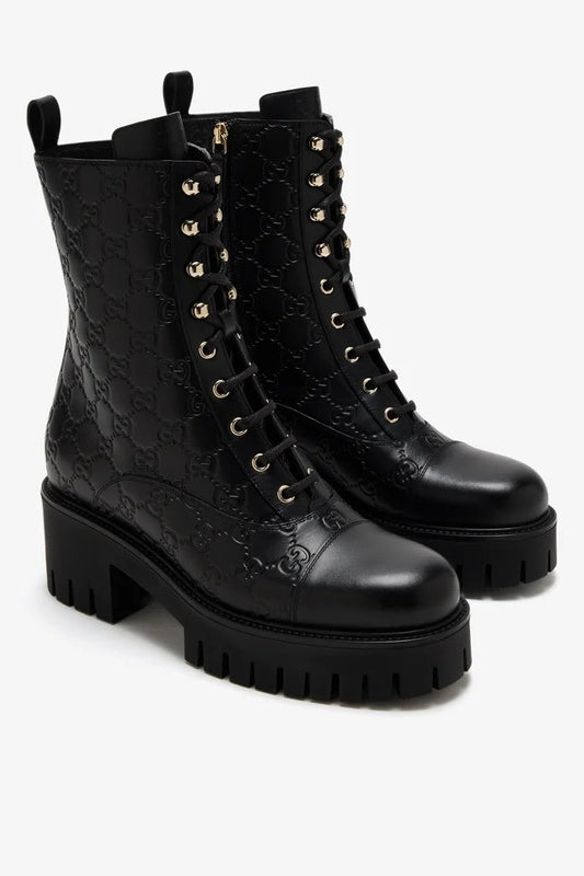 Black Enaraved ltalian Leather Ankle Boots